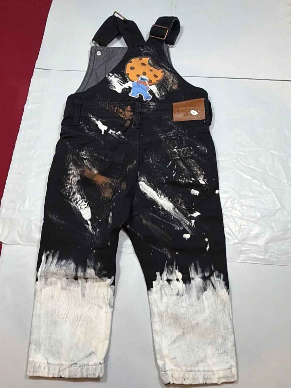 OFFCORSS BLACK denim bib overall jeans white tan paint splatters COOKIE MONSTER